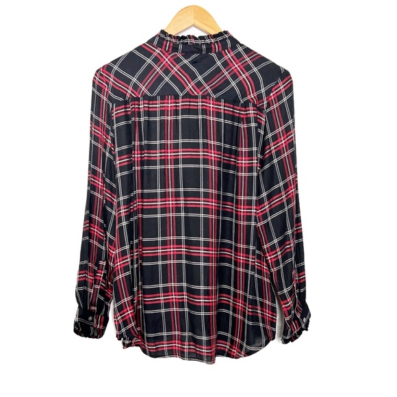 Loft Women's Black Red Plaid Ruffle Neck Long Sleeve Button Up Shirt Top - Picture 9 of 16